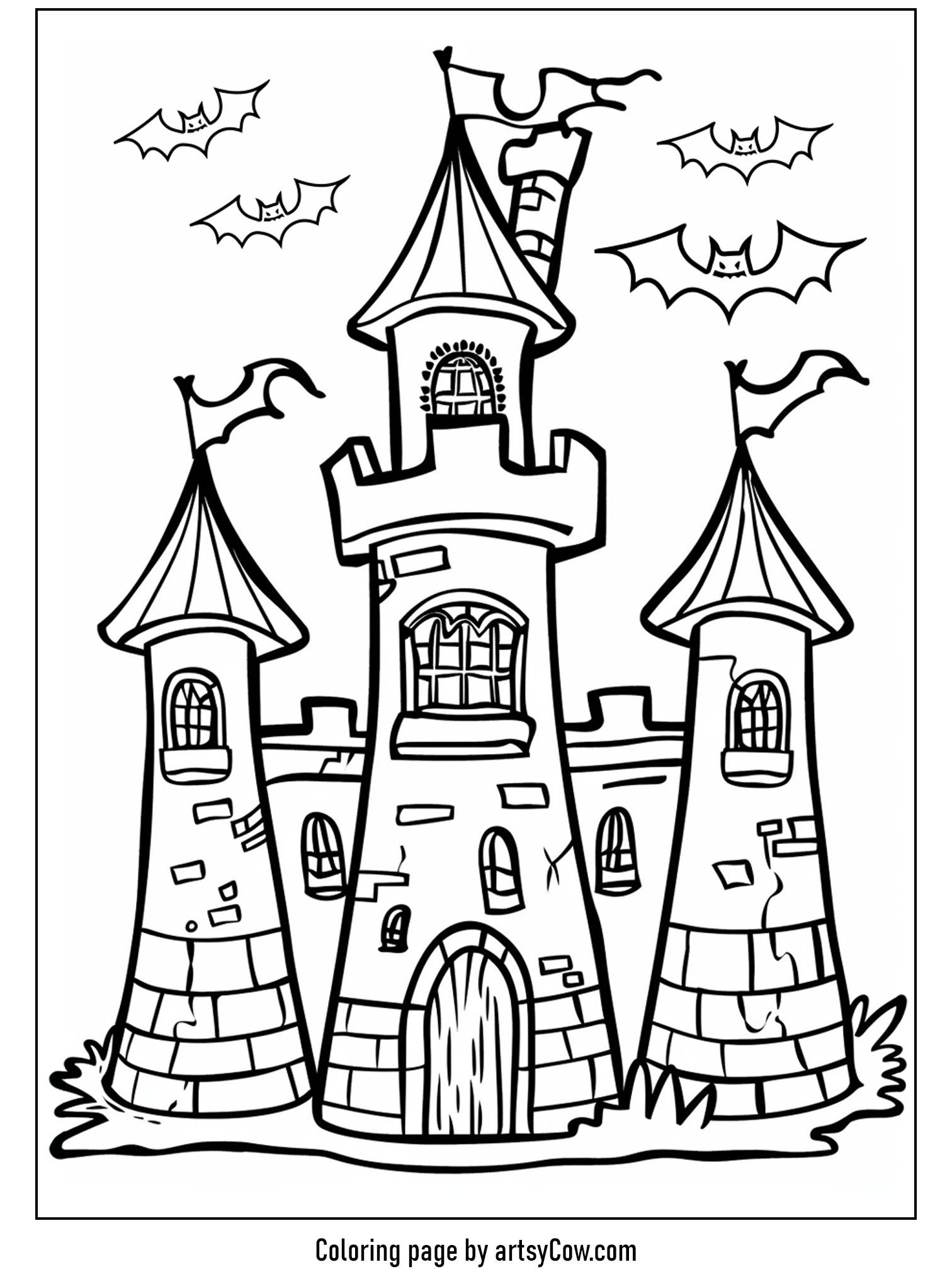 scary halloween coloring pages of a haunted castle, surrounded by flying bats under a spooky night sky